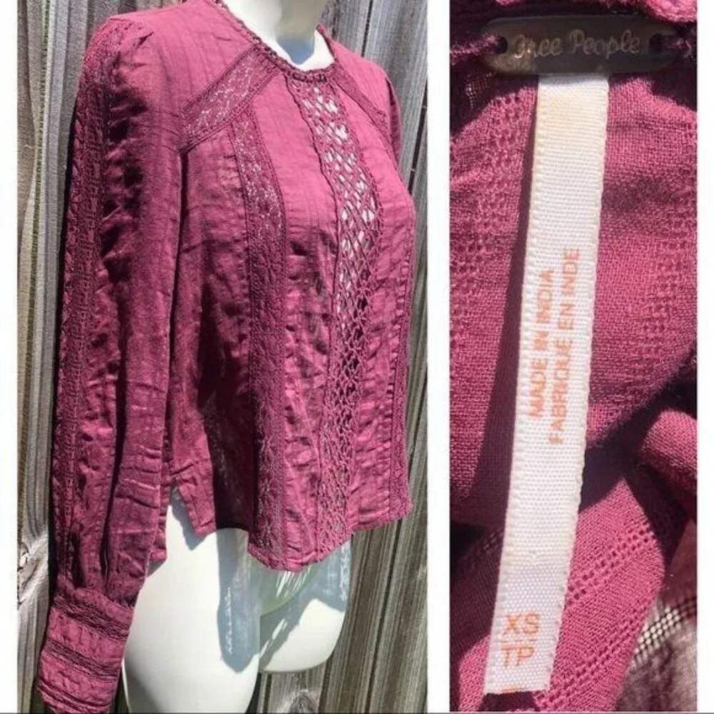 Free People Button Back Lace XS Top Without You Burgundy Maroon Anthropologie